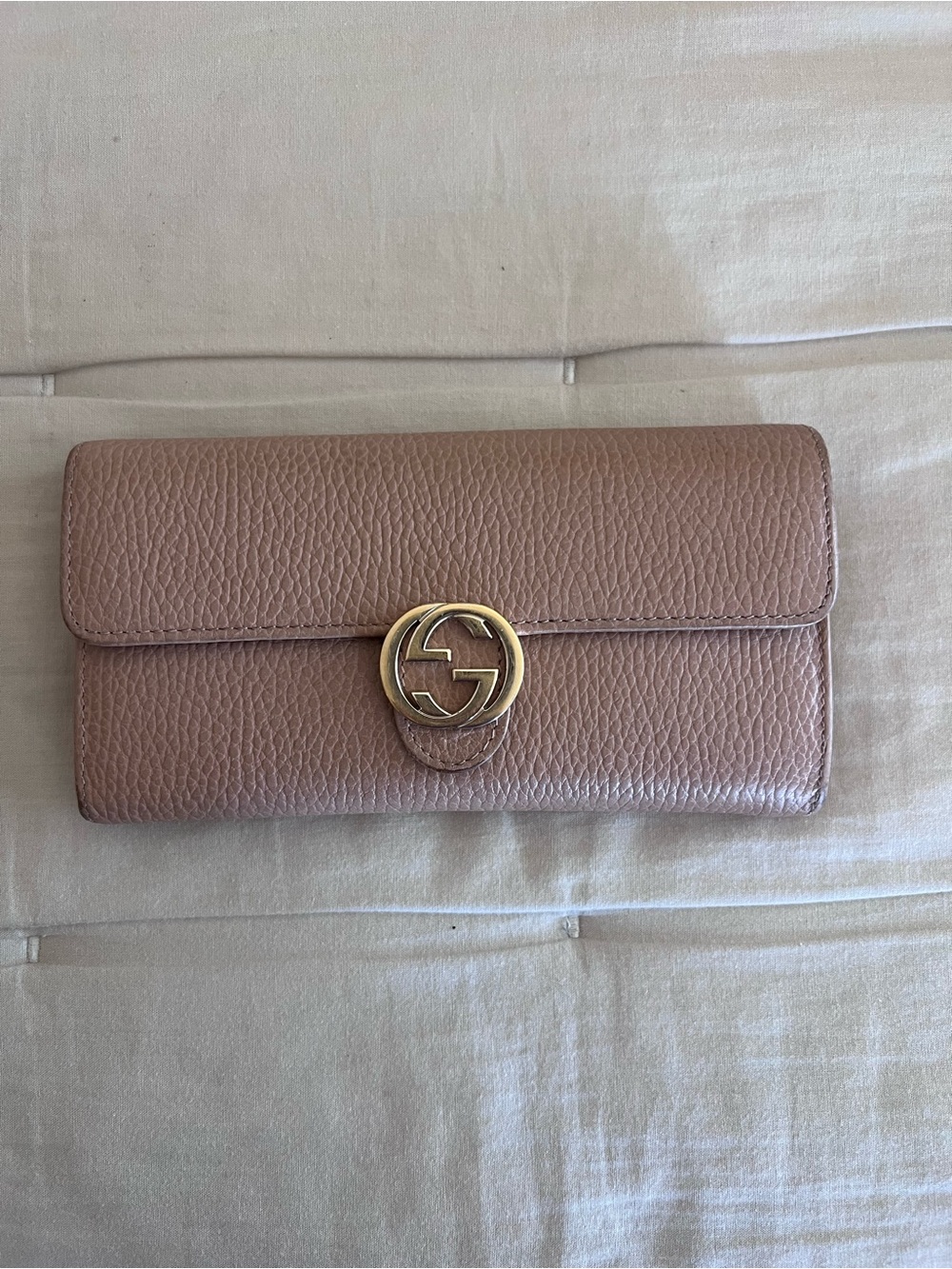 Gucci Pink Taupe Pebbled Leather Continental Wallet with Gold GG